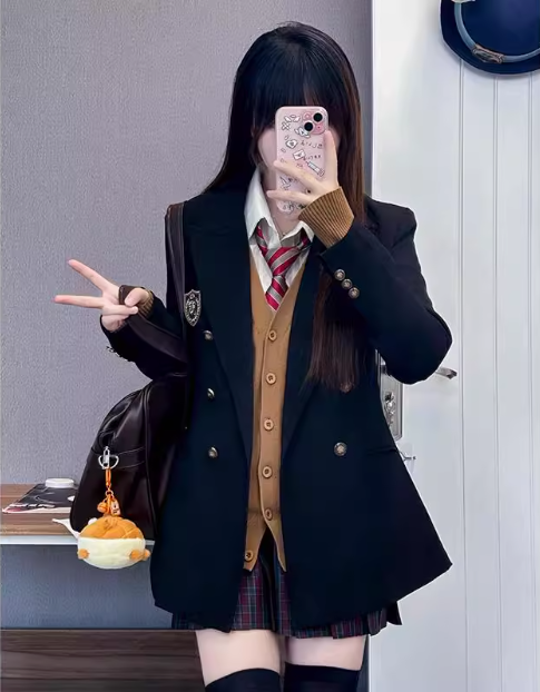 布丁熊原创JK制服学院风早秋西装外套高级感收腰西服