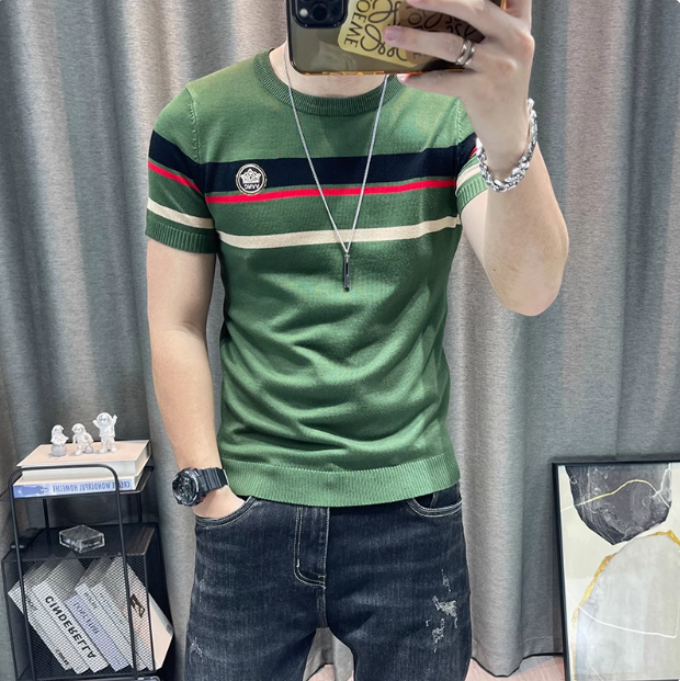 半袖针织衫男春秋新款男士精神小伙弹力紧身短袖毛衣半截袖毛衫潮