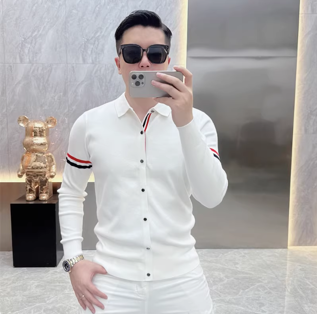 秋季欧货潮牌网红简约条纹翻领针织毛衣男时尚修身百搭长袖潮